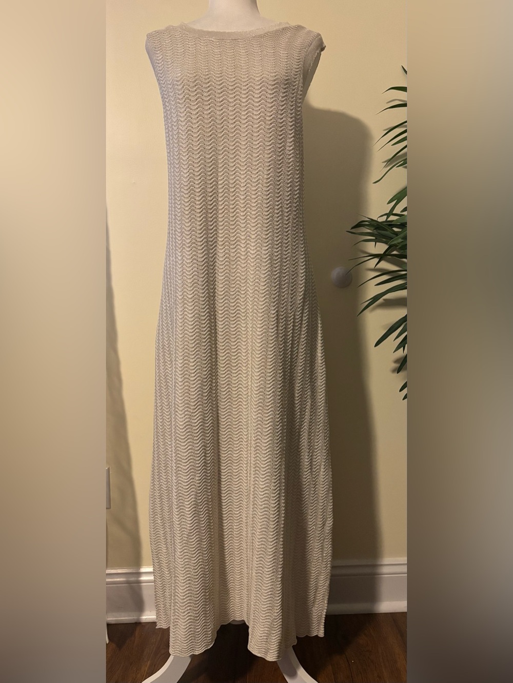 NWT Liz Claiborne Sleeveless Metallic Lurex Knit Maxi Dress XXL Cream Gold Shimm